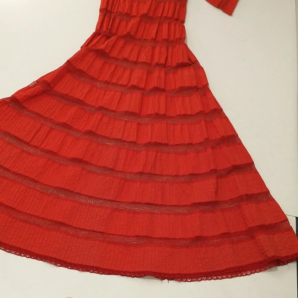 Red Mexican Wedding Dress Delicate Cotton Crochet 59" Long Traditional Fem Maxi - Picture 10 of 14